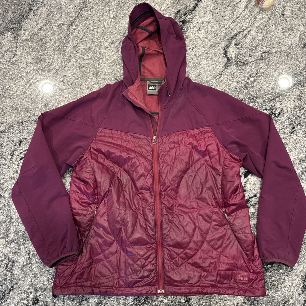 REI Primaloft Puffer Jacket Mens Size XL Dark Purple Hooded Outdoor Hiking #230